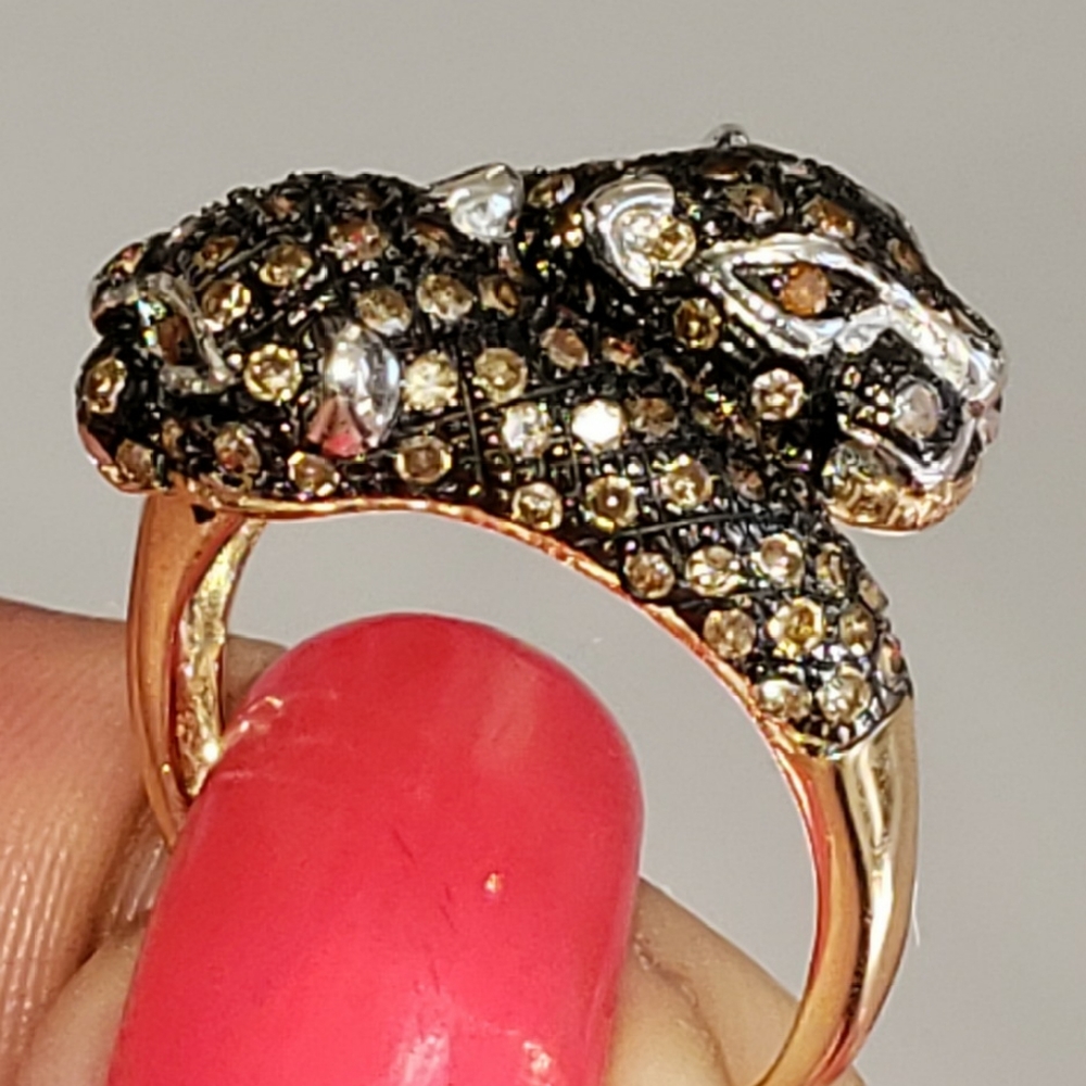 10K Gold Genuine 1 Carat Chocolate & Champagne Diamond Panther Ring